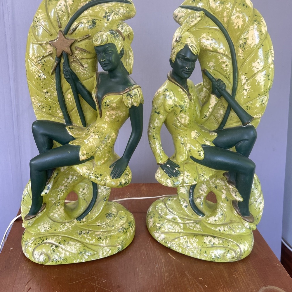 Set Of Continental Art Co Chalkware Lamps MCM Tinkerbell Peter Pan 50's Works